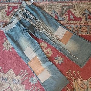 NWT Y2K JOE BOXER PATCHWORK FLARE JEANS WITH FRINGE BELT